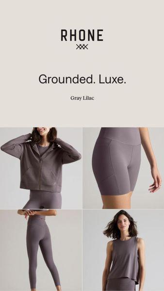 A clean, four-panel grid display featuring a model wearing a matching athleisure set in a consistent gray-lilac color palette.